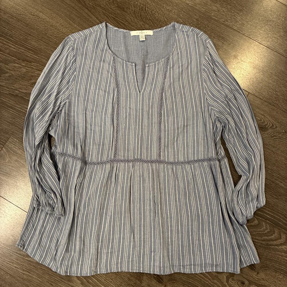 Star Fever Women's XL Babydoll Boho Blouse Blue White Striped 3/4 Sleeve Top